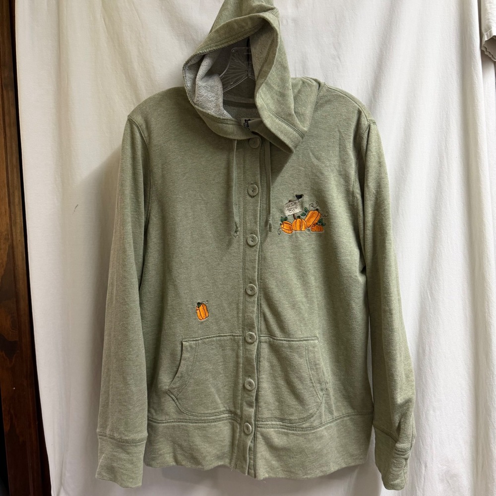 VTG Sage Green Y2K Route 66 Embroidered Pumpkin Button Hoodie Sweatshirt XL Fall